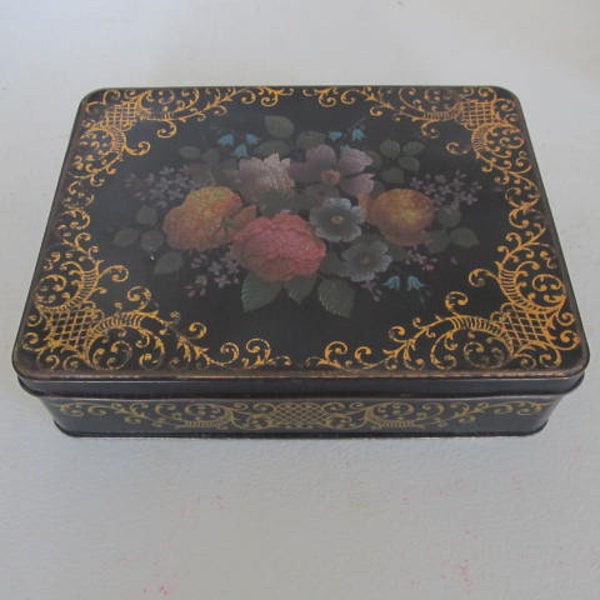 Toleware tin box Black Gold Tin Store Display Advertising Box Sewing Kit Tin Country General Store Displays Black Gold and Floral Design Tin