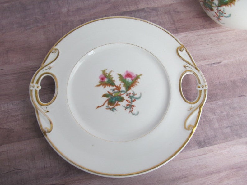 Haviland Limoges Cake Plate Open Handle Tea Set Antique Moss Rose