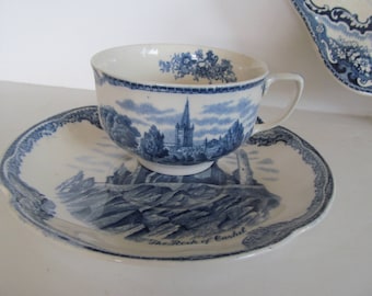 Johnson Bros England Old Britain Castle Blue Tea Cup y Saucer Set Tazas de té azules y blancas, Flow Blue Decor Johnson Bros china Castle Tea