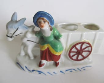 Donkey Cart Figurine Toothpick Holders Donkey Figurine Japanese Figurines Porcelain Donkey with Cart Vintage toothpick holders