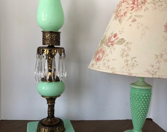 Antique Peacock Uranium Jadeite Lamp Art Deco Jefferson Glass Lamp Green Rare Uranium Glass Boudoir Lamp Crystal Prisms Art Deco Glassware