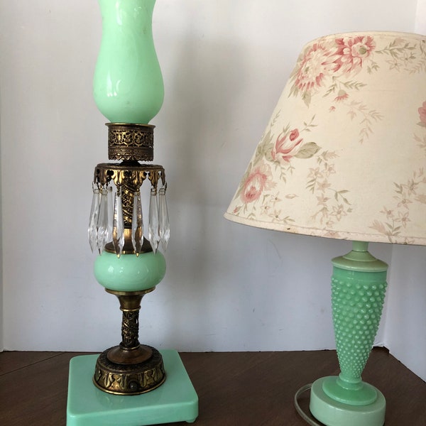 Antique Peacock Uranium Jadeite Lamp Art Deco Jefferson Glass Lamp Green Rare Uranium Glass Boudoir Lamp Crystal Prisms Art Deco Glassware