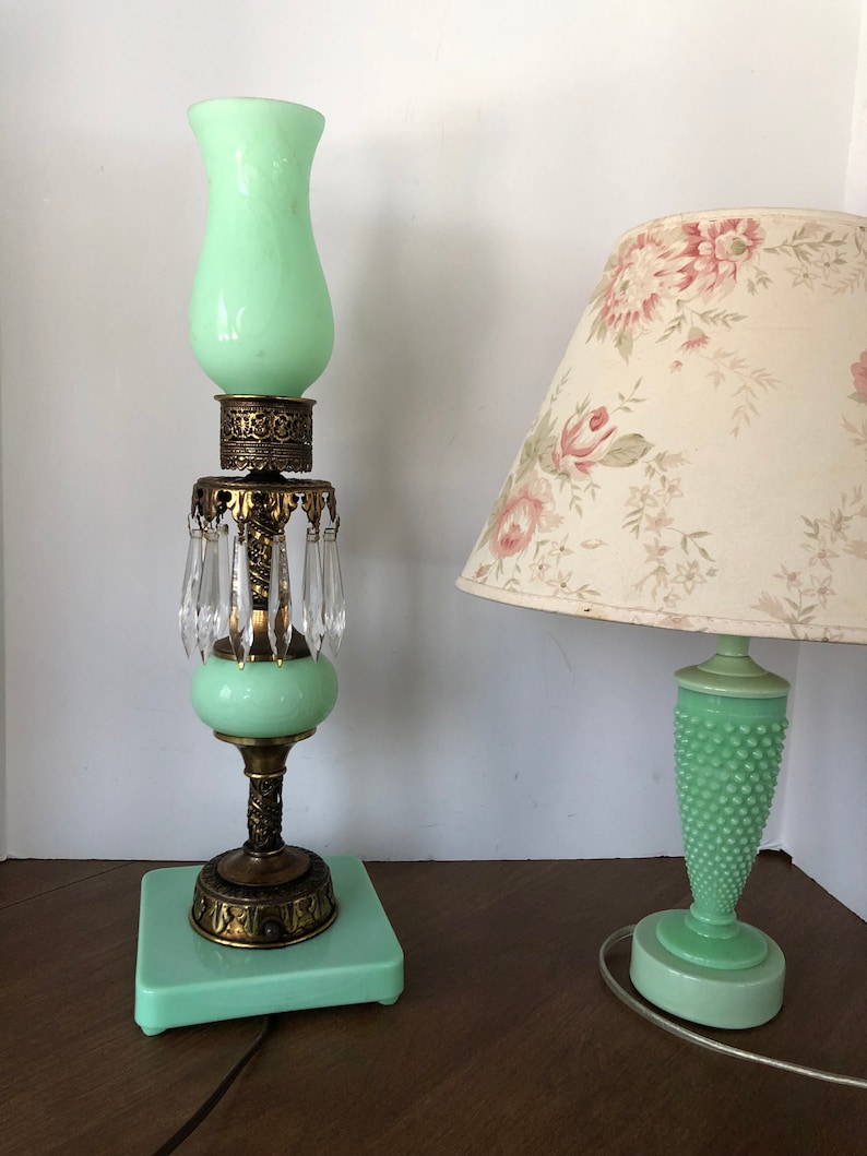 Antique Peacock Uranium Jadeite Lamp Art Deco Jefferson Glass Etsy