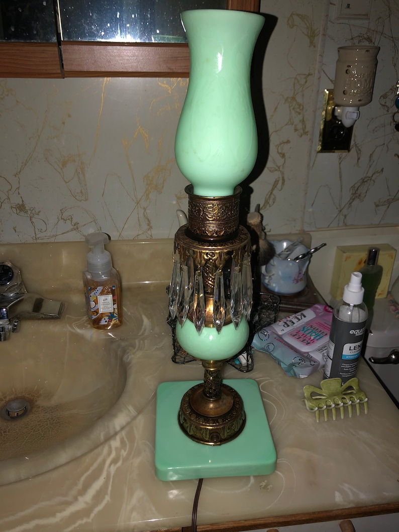 Antique Peacock Uranium Jadeite Lamp Art Deco Jefferson Glass Etsy