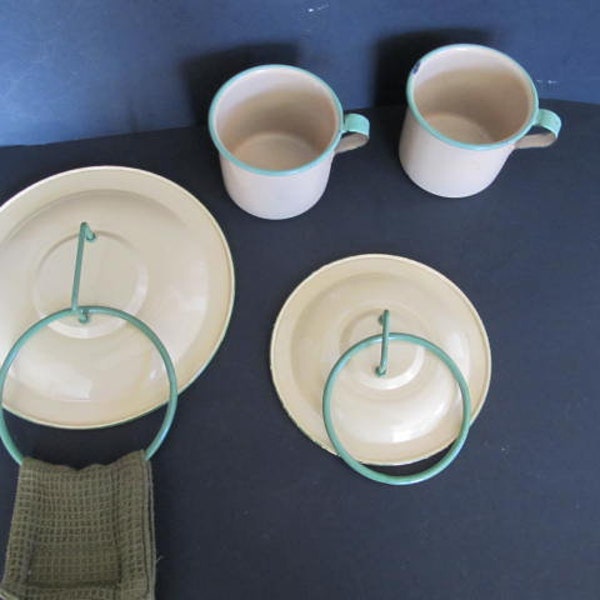 set Yellow Green Enamel ware Towel Holders Enamelware Cups Primitive Farmhouse Kitchen Decor Kitchen Towels  Bathroom Towel Holders set