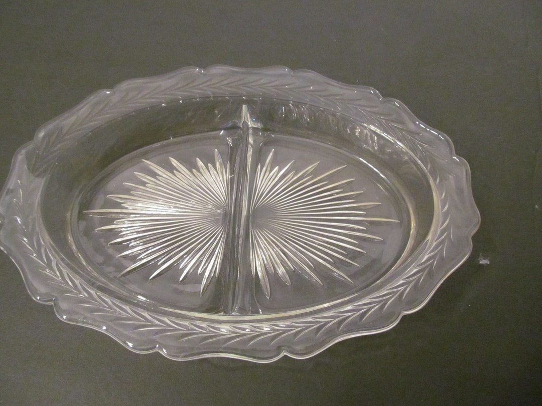 Clear Glass Divided Plate, Sunburst Herringbone Pattern Depression