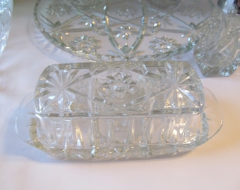 Atomic Anchor Hocking Glass Pitcher Hobstar Butter dish with Lid 1960's Pressed Glass Hob Star Design Glass Atomic Star Design Butter Dishes