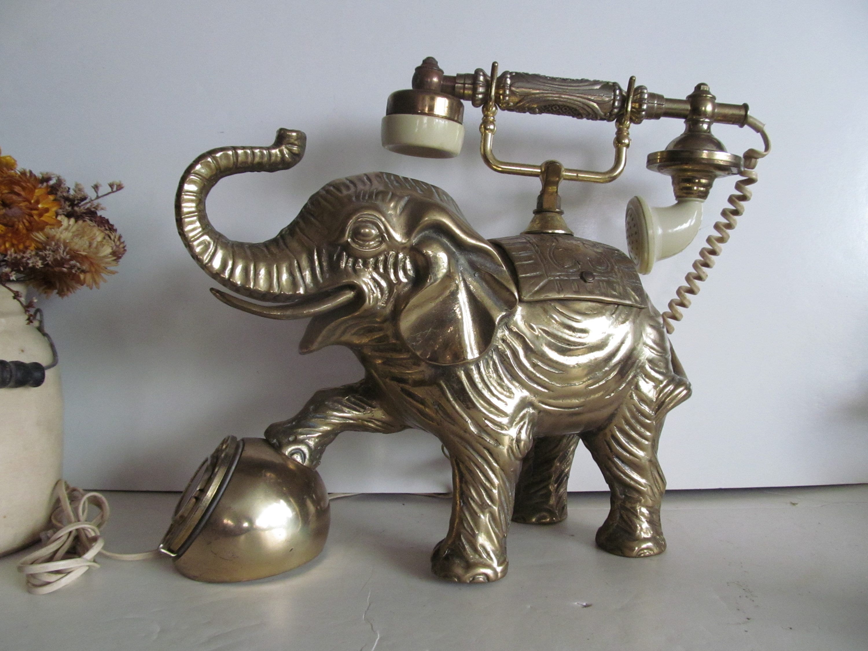 Brass Elephant Telephone Safari Decor Brass Statues Brass Etsy