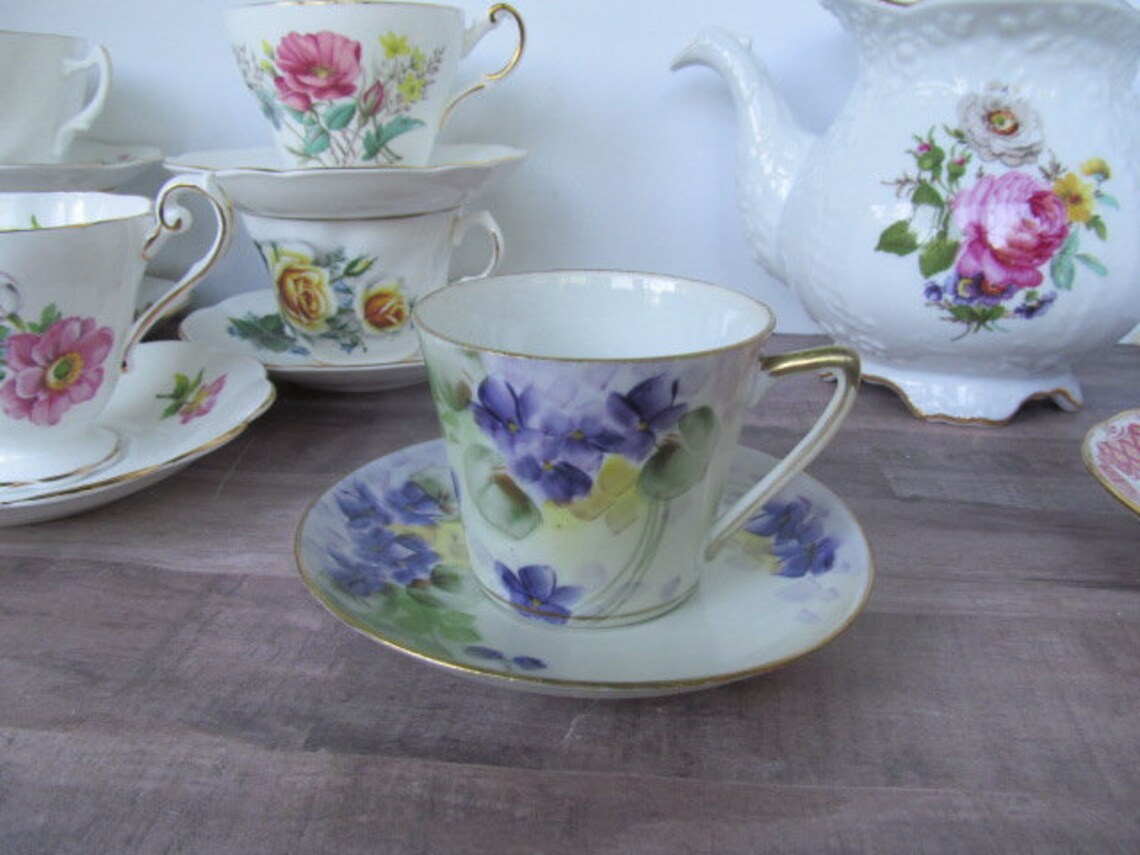 Purple Violets Hand Painted Nippon Tea Cup Saucers Lavender Etsy