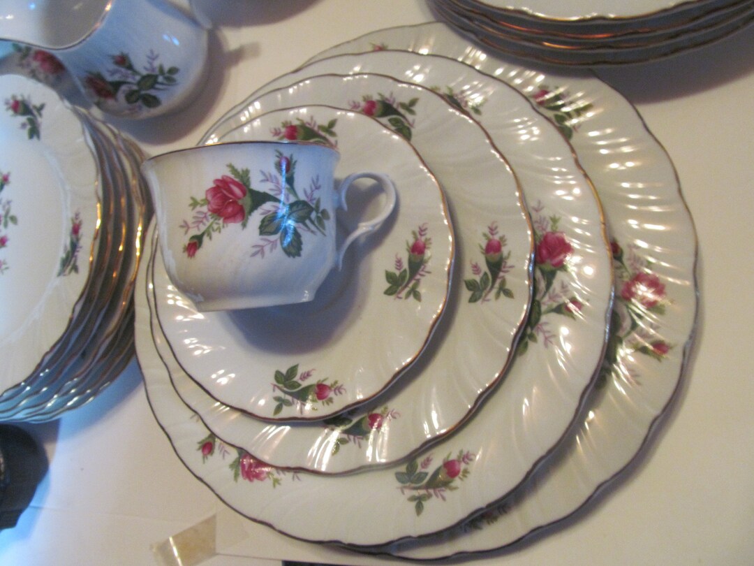 Service for 8 Dinnerware Set Mid Century Dining Decor Red Roses Lg Set