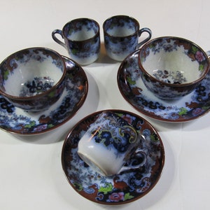 Ridgway Flow Blue Polychrome Corey Hill Pattern Plates 1800s Antique Oriental Flow Blue Teacup set Flow Blue China polychrome 19th Century