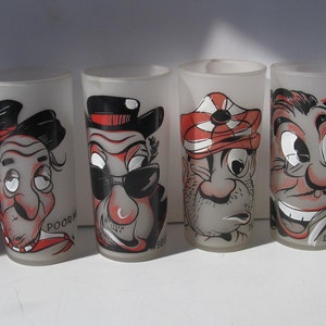 6 Gay Fad Frosted Glass Tumblers Rich Man Poor Man Begger Man Thief Satin Glass Bartender Decor Gay Nineties Tumblers Humor Gift Bar Decor