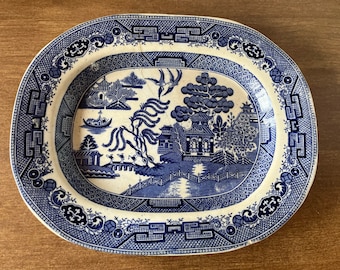 Feiern Sie blaue Weidenplatten, seltene blaue Porzellanplatten, blaue Transferware, Weidenplatten, blaue Weidenplatten, blaue Weidenservierplatte