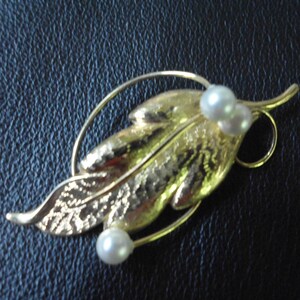 May include: A gold leaf brooch with two white pearls. The leaf is textured and has a delicate wire design.