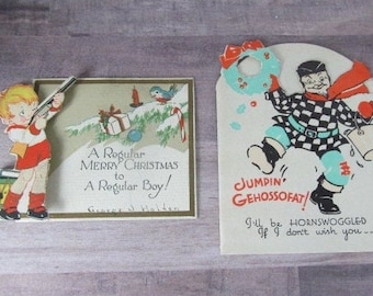 1930s 40s Hunting Rifle Lumberjack Vintage Christmas Cards Paper Ephemera Used Christmas Cards for Scrapbooking supplies holiday cards