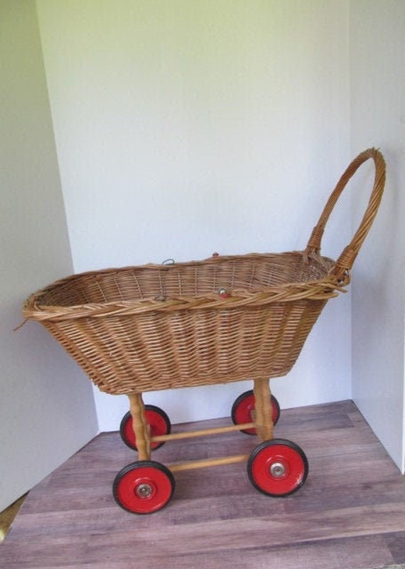 Antique Baby Doll Carriage Wood Wicker Doll Carri… - image 1