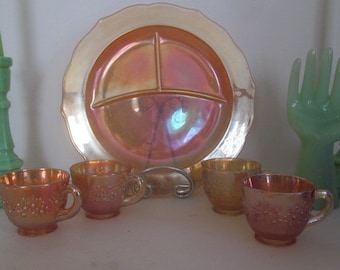 Marigold Carnival Glass Divided Plates - Restaurant Ware Plates Orange Floral Designed Platter - 3 Divided Plates Platter