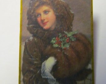 Holiday Edwardian Brooch Victorian Lady Portrait Victorian Brooch Holly Berries and Mink Fur Hand Muff Gift for Her Victorian Lady Profile