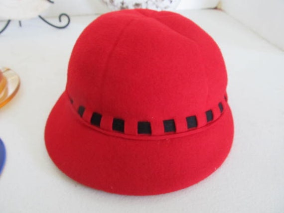 Vintage Wool Hat, Red Womens Hat Mid Century wome… - image 1