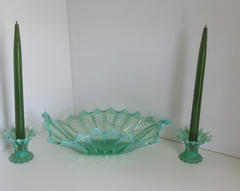 Mid Century Modern Green Candle Sticks, Oil Candlesticks No wax Candles Midcentury Home Decor Green Taper Candlesticks Fostoria Green Glass