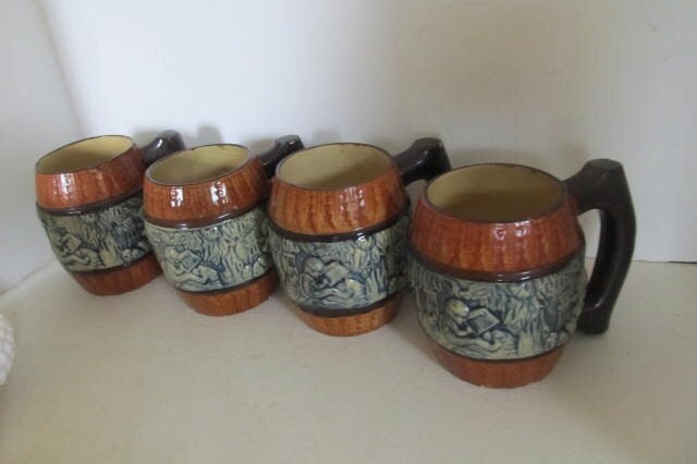 3 Lg Beer Barrel Mugs Japan Blue Brown Wood barrel,Japanese majolica Bar Room Decor, Craft Beer Mugs Japan. Beer tankards Beer Steins Bier