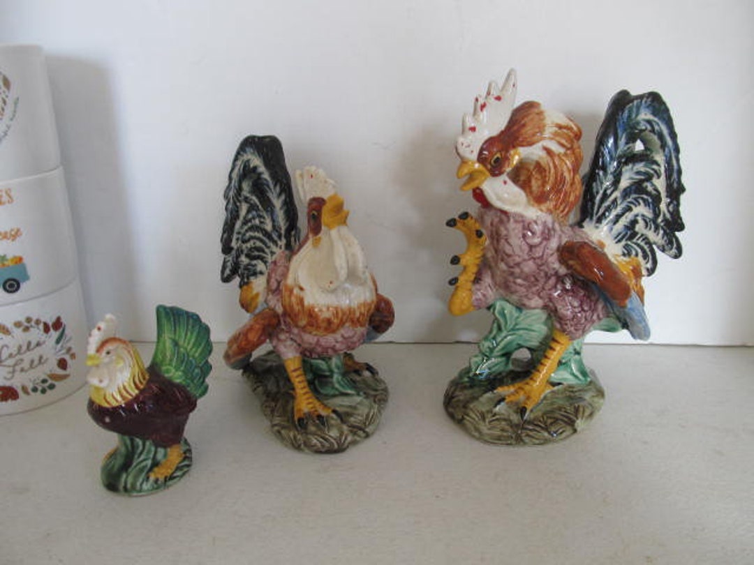 Pr Roosters AND Sugar Bowl Cockerel Tail Feathers Rooster Sugar Bowl