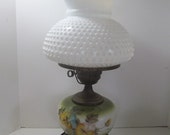 Hobnail Milk Glass Globe Boudoir Lamp Oil Lamp Large Table Lamp Hurricane Lamp Green Lamp Hand Painted Rose Antique Brass Key Switch Lamp