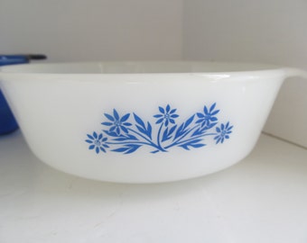 Fire King 1950s Milk Glass Casserole Dish Mid Century Glass Blue and White Fire King Cornflower Pattern Anchor Hocking Fireking Baking Dish