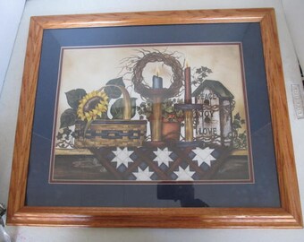 Country Primitive Wall Picture Frame Oak Frame Star Sunflower Wicker basket Wreath Home decor Primitive wall Decor Primitive Home decor