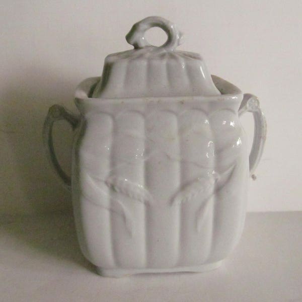 White Ironstone Master Sugar Bowl with Lid Victorian Antique White Ironstone W & E Corn Burslem Early English Ironstone White Wheat Pattern