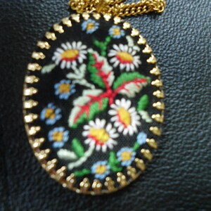Boho Chic Daisy Jewelry Petit Point Jewelry Vintage Cameo Necklace Daises Blue Corn Flowers Needlepoint Embroidered Black Silk Embroidery