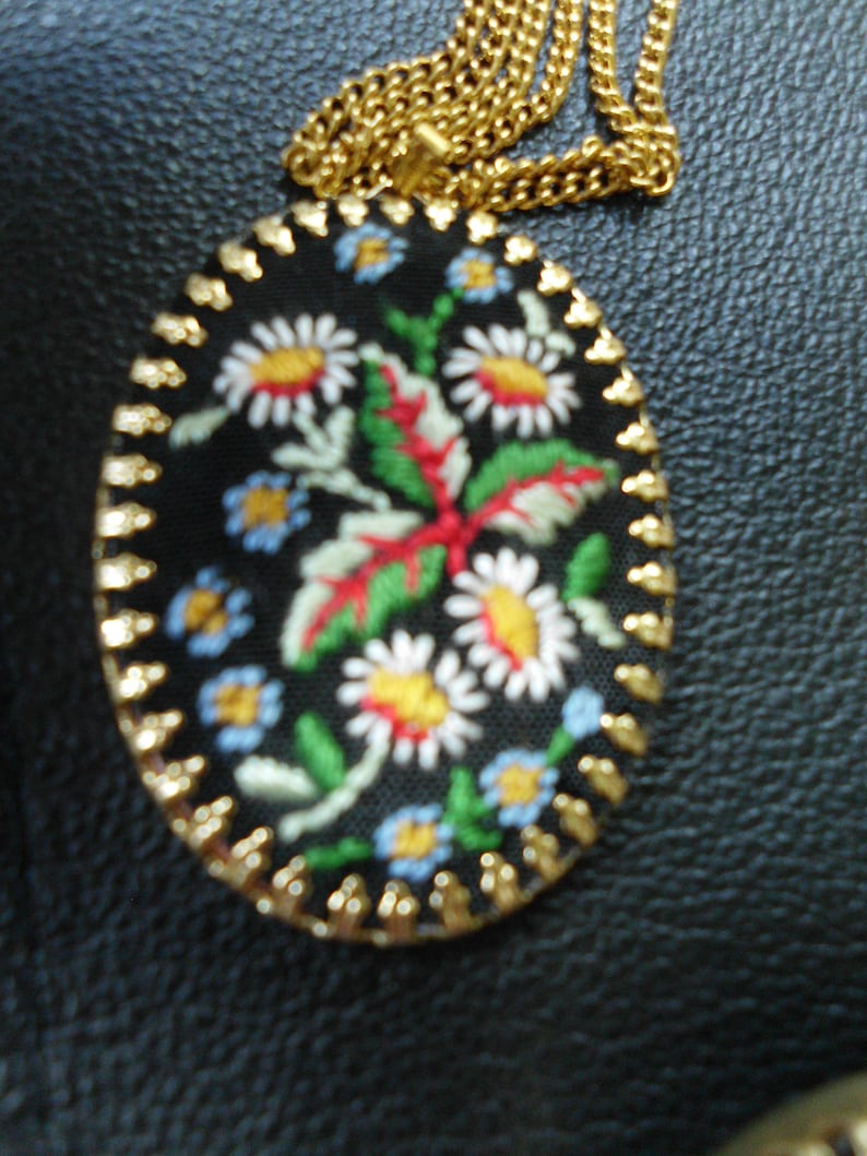 Boho Chic Daisy Jewelry Petit Point Jewelry Vintage Cameo Necklace Daises Blue Corn Flowers Needlepoint Embroidered Black Silk Embroidery
