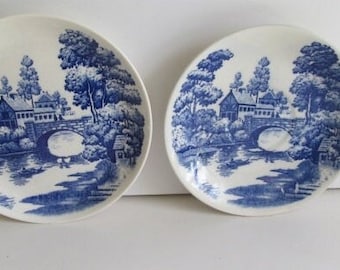 SALE Lakeview 2 Blue and White Plates Napco Hand painted Plates Japan Cobalt Blue and white Collector Plates Napco Lakeview