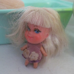 May include: A small doll with long blonde hair wearing a purple dress with white flowers. The doll is sitting in a light green plastic tub.