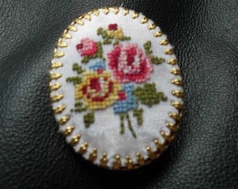 Petit Point Jewelry Cameo Brooch Needlepoint Embroidered Jewelry Tapestry Jewelry Red ROSE Brooch Handmade Jewelry Yellow roses Scarf Pin