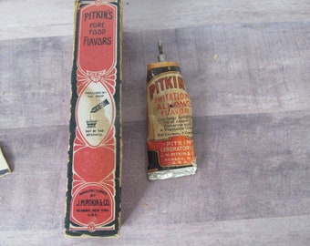 Antique Spices Baking Advertisement Bakery Decor Pitkin Imitation Almond Flavor Extract Pure Food Flavors, Primitive Kitchen Decor Spices