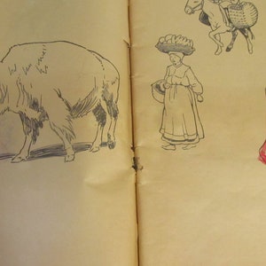 Puede incluir: Un dibujo en blanco y negro de un bisonte en una p&aacute;gina de color marr&oacute;n claro. Hay otros dibujos en la p&aacute;gina, incluyendo una mujer con un vestido largo, un jarr&oacute;n y una olla.