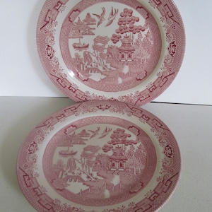 Pink Willow Churchill Dinner Plates Red willow Pattern Churchill Red & White china Red Willowware Red Transferware Plates Pink Willow Plates
