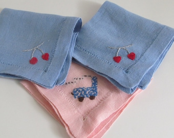 Trio Vintage Embroidered Linen Hankies Sky Blue Handkerchief Pink Embroidered Handkerchiefs Pink Linen Handkerchiefs Vintage Linen cherries