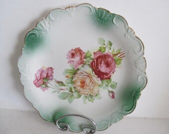 Dresden China Rose Plates  Dresden Charger Plate with Roses Green and Pink Decor Plates with Roses Teal Green Decor