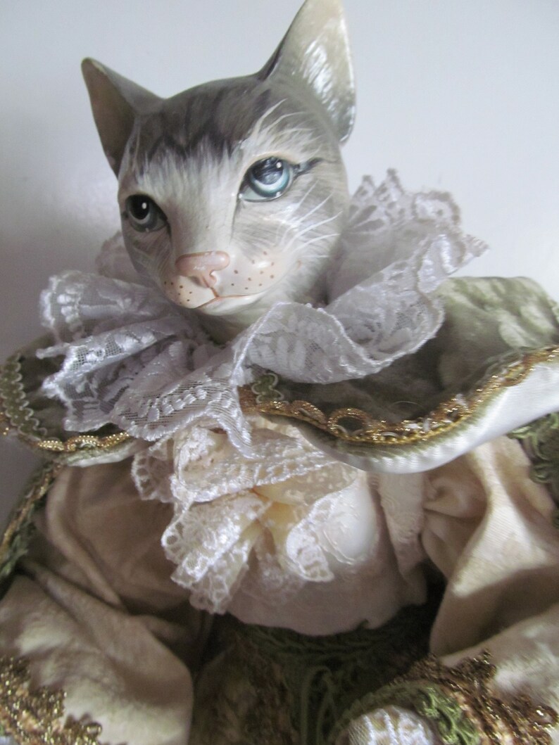 Victorian Cat Doll Ornament Cat Figurine Grey and White Cast Etsy