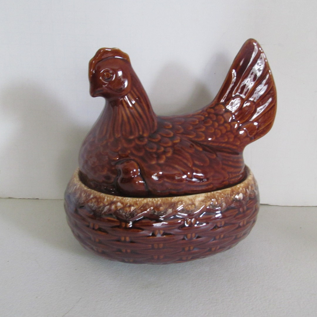 Hen on Basket Hull Pottery Brown Drip Henny Penny Chicken Hen in a