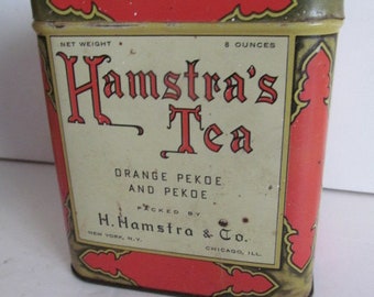 Primitive Farmhouse Antique Tea Tins  Hamstra's Rustic Tea Tin Orange Pekoe Tea Collectible Tins Stash Box Button Box