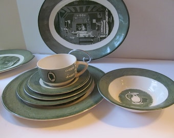 Royal China Colonial Homestead Dinnerware set Green Transferware Colonial Homestead Replacement China Tumblers Butter Dish Lid Cake Plate