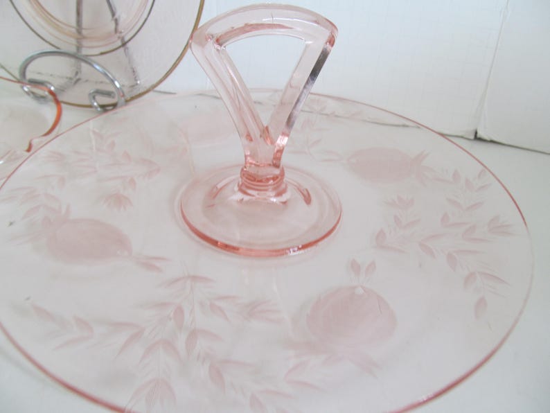 Large Lovely Center Handle Pink Depression Glass Serving Tray Etsy
