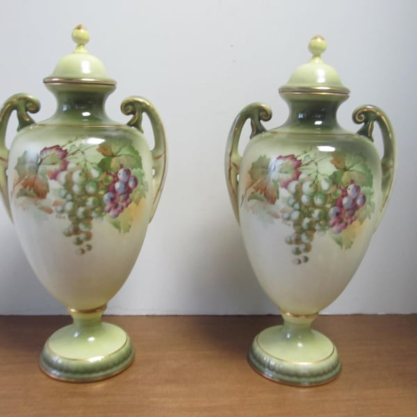 Stunning Pr Antique Victorian covered Urns Antique Hand Painted Urns signed A. Kach Romantic Victorian Antique Vases Victorian Italian Grape