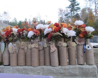 Rustic Wedding Centerpieces Twine Wrapped Wine Bottles Boho Wedding Centerpiece Burlap Wedding Decor Barn Wedding Decor Floral Arrangements