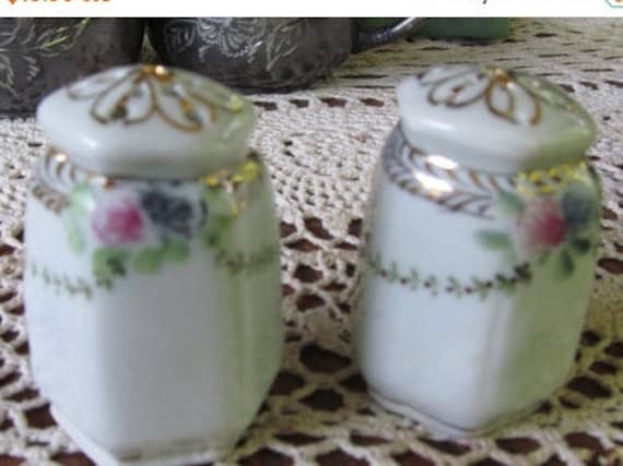 Vintage Porcelain Salt /& Pepper Shakers White w Hand Painted Blue Flowers ~ Victorian Edwardian Style Dining Table Accent Decor