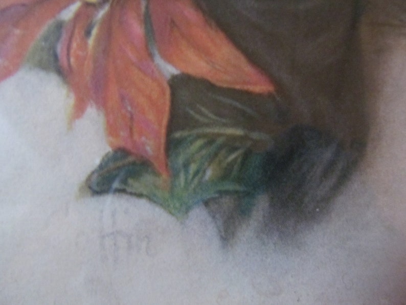 May include: A close-up of a vintage art print featuring a red poinsettia flower with green leaves. The print is signed "Fin" in the bottom left corner.