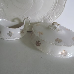 3 pc Homer Laughlin Ivory white and Gold Pattern China covered Tureen Gray Boat Antique China Homer Laughlin Deco Dishes Formal Dining Set